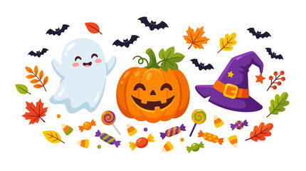 Obraz premium Cute Halloween vector elements with pumpkin, ghost, and witch hat.