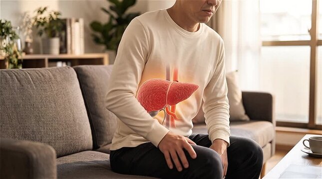 Man sitting on sofa suffering from liver pain with glowing 3D liver graphic overlay, hepatitis or cirrhosis medical disease concept