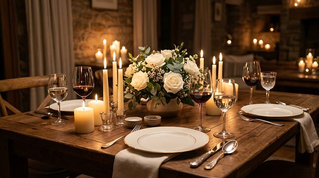 Elegant dinner table set with candles and flower centerpiece for a romantic evening at home. candlelit dinner setup