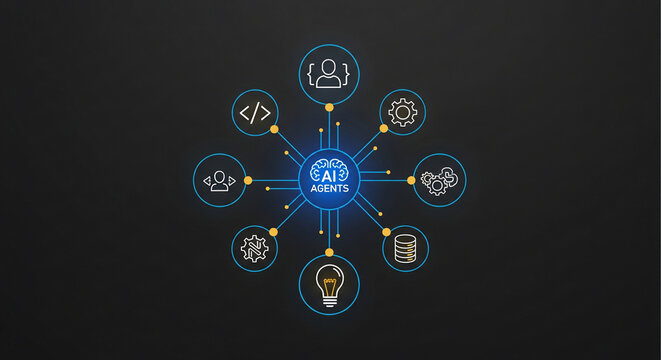 AI agents network diagram with icons for human resources, coding, and data processing, perfect for technology innovation, artificial intelligence concepts and business automation