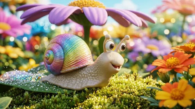 Cute Rainbow Snail Crawling Through Colorful Flowers - Animated Character