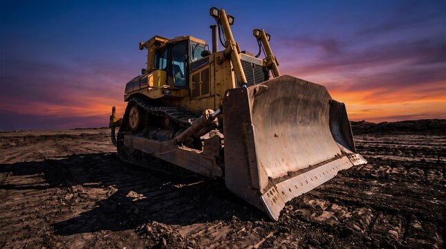 Heavy construction bulldozer sitting in field at dusk with heavy duty bulldozer construction equipment industrial