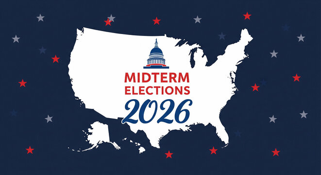 White USA map silhouette with "Midterm Elections 2026" text and Capitol dome graphic, concept for political campaigns, voting and democracy promotion