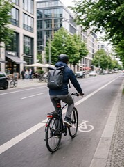 Fototapeta premium Urban commuter riding a bicycle along a dedicated bike lane in a modern business district