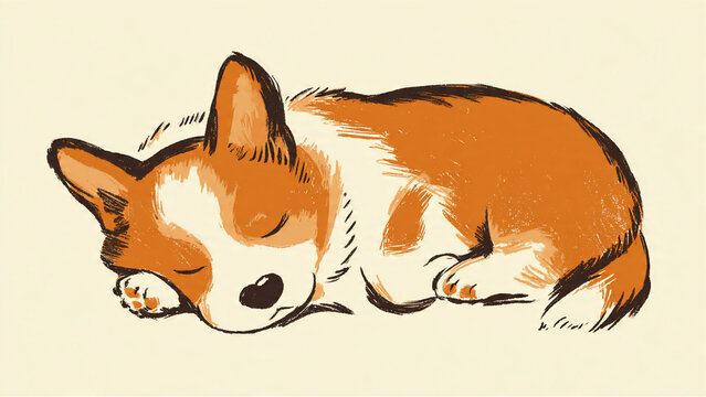 Adorable sleeping corgi puppy illustration with sketchy artistic style, warm orange and white tones, perfect for pet blogs, children's books and pet product advertising