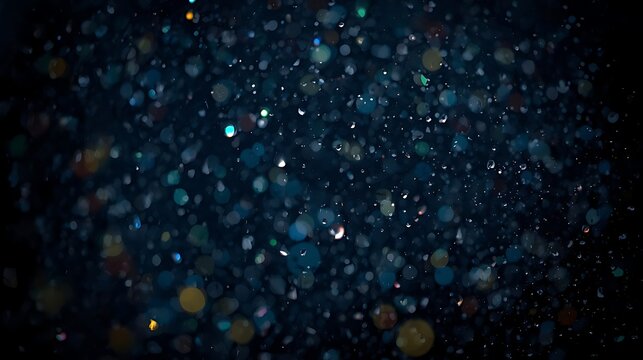 photography of colorful raindrops falling from the sky on a dark night with a candid photography style.
