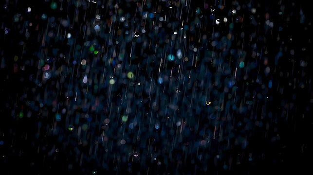 photography of colorful raindrops falling from the sky on a dark night with a candid photography style.