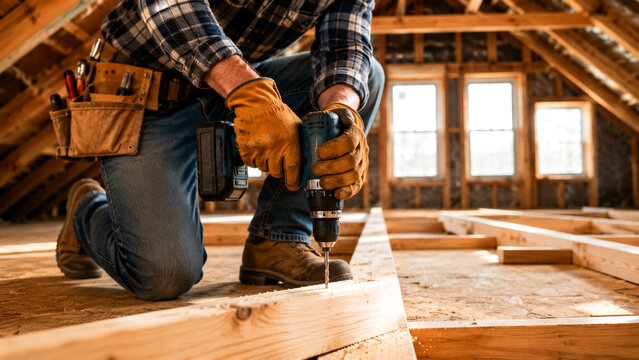 A man in a plaid shirt is using a drill on a wooden beam in a construction site.