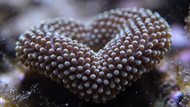 A heart shaped coral polyp growing in a vibrant saltwater aquarium