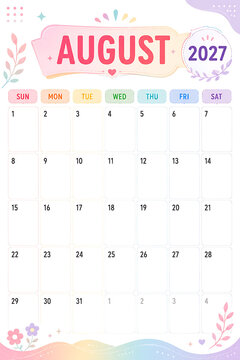 Elegant Pastel Monthly Calendar 2027 August Template