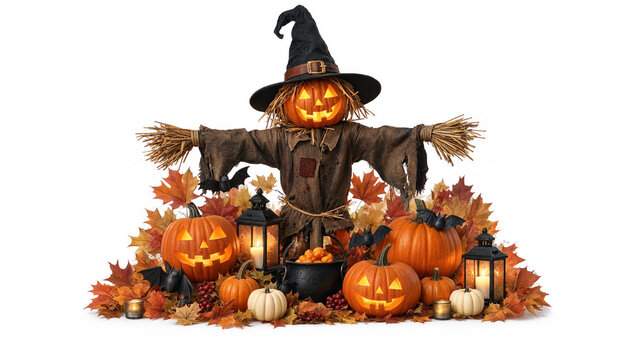 Halloween decorated scarecrow with carved pumpkins and autumn leaves display transparent background