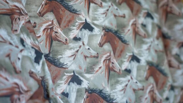 Soft, wrinkled fabric featuring a repeating pattern of wild horses in motion with shallow focus