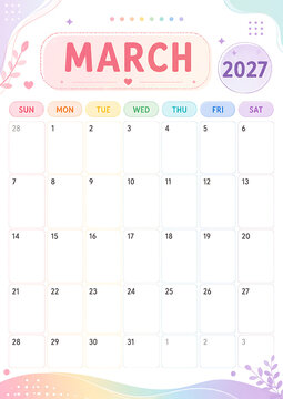 Pastel Monthly Calendar 2027 March Template