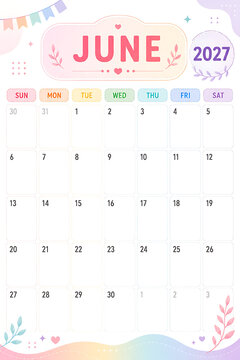 Elegant Pastel Monthly Calendar 2027 June Template