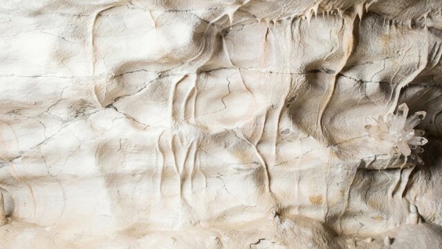 Limestone cave wall with flowstone formations and quartz crystal cluster
