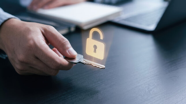 Hand holding key with digital unlock padlock symbol representing customer value proposition and cvp for security and access control