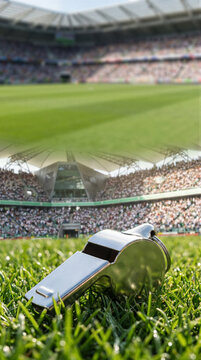 Professional metal referee whistle on green grass in football stadium