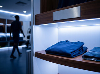 Obraz premium Folded sports jersey on locker shelf in professional training room