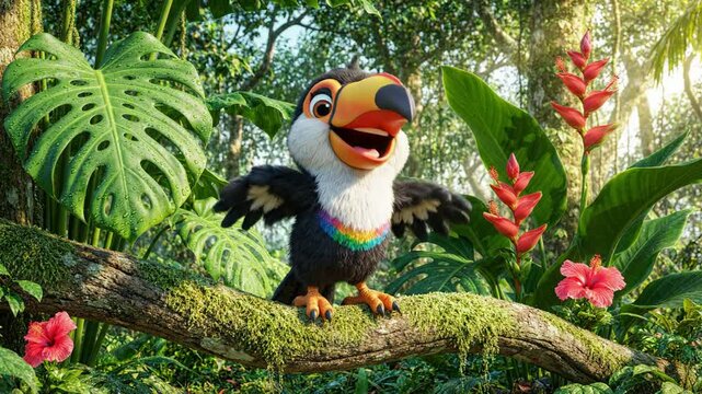 Cute Toucan Mascot Dancing in Lush Jungle