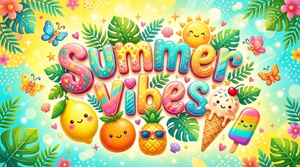 Naklejka premium Colorful summer vibes illustration with smiling fruits and ice cream
