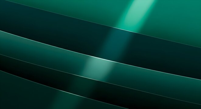 Abstract composition featuring smooth overlapping geometric layers in shades of deep emerald green with soft dramatic lighting creating elegant diagonal shadows across the sleek glossy surface