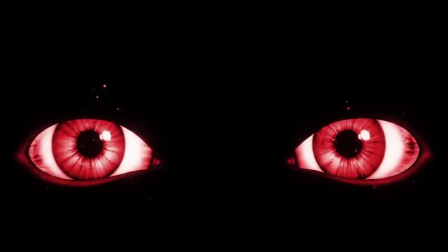 Two glowing red eyes peer out from a vast, inky blackness