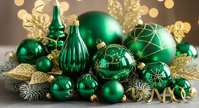 Elegant festive composition featuring various glossy emerald green christmas baubles with intricate gold glitter details arranged artistically on a neutral surface with soft glowing bokeh lights