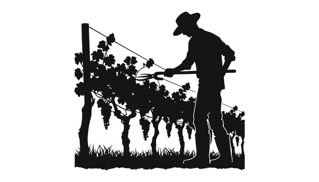 Silhouette of a farmer pruning grapevines in vineyard