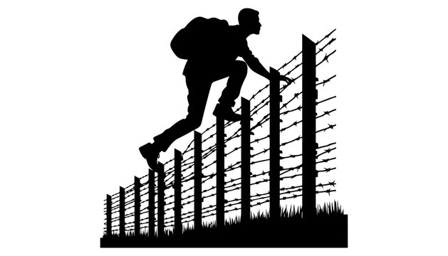 Imagine prompt silhouette hiker climbing barbed wire fence