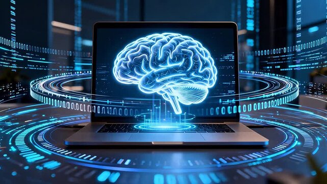 Laptop with glowing brain and digital data