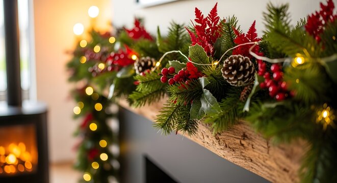 Festive christmas garland with vibrant red berries and green pine branches draped elegantly across a rustic wooden fireplace mantel illuminated by warm glowing golden fairy lights