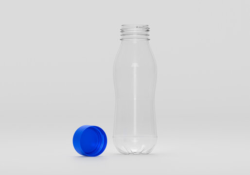 open bottle, unscrewed cap, separate cap, detached cap, opened plastic bottle, blue cap aside