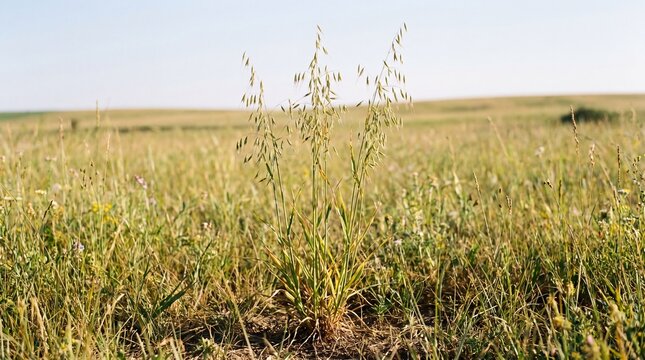 Traditional Avena fatua wild oats grass plant growing inside a sunny meadow terrain with blurred horizon copy space