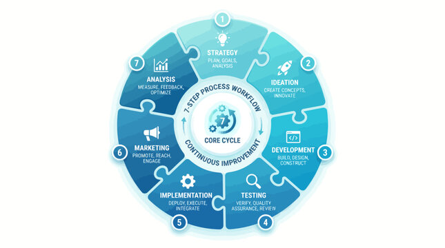 Circular blue puzzle business workflow diagram illustration featuring seven step process cycle strategy with made puzzle