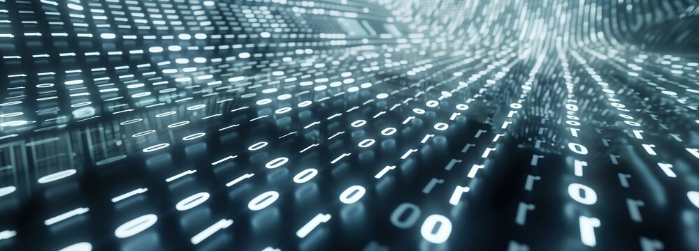 Digital Flow: An abstract digital landscape of flowing binary code, representing the vastness and complexity of data and information technology.