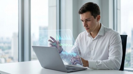 Fototapeta premium Young Professional Interacting with Holographic Wellness Dashboard