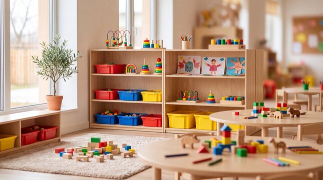 A bright, colorful, and organized preschool or kindergarten classroom interior with wooden shelves, educational toys, children's drawings, and small tables.