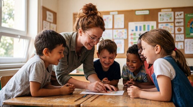A cheerful teacher helps a diverse group of elementary school children with a drawing project at a wooden desk in a bright, colorful classroom.