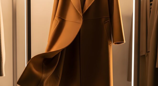 Elegant camel colored wool coat hangs gracefully on a sleek display rack featuring soft warm golden lighting and minimalist aesthetic details in a modern fashion boutique
