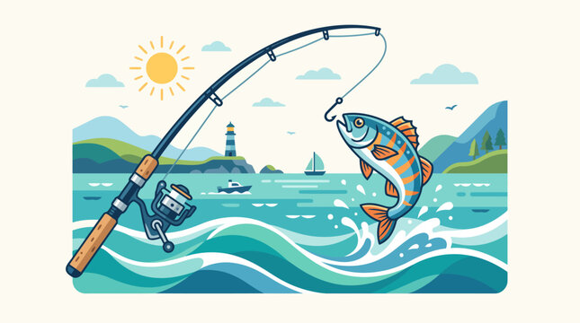 Fishing rod catches a jumping fish in the ocean waves.