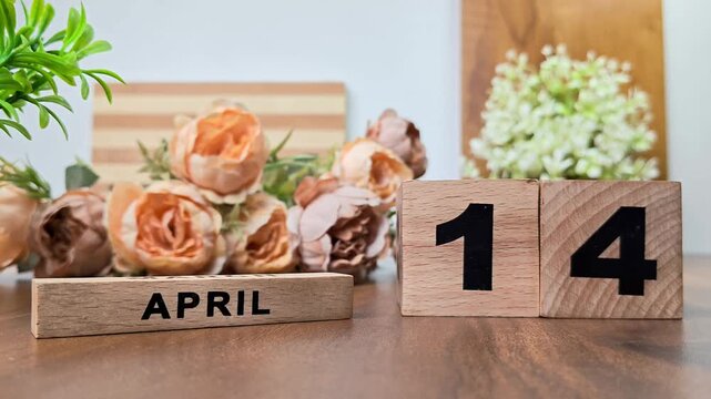 Hand placing wooden calendar blocks showing april 14 on a wooden table