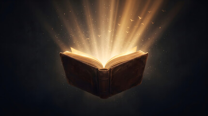 Mystical Open Book Emitting Radiant Golden Light in a Dark Environment Representing Knowledge and Magic © Rahmad