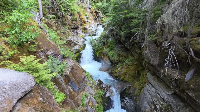 Aerial view of cascading waterfall in Washington state forest canyon