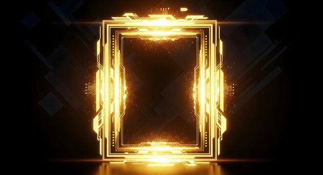 Glowing golden rectangle frame featuring intricate digital technology elements and circuit board patterns with bright light particles radiating against a dark abstract black background space design