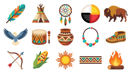 Collection of Native American cultural symbols and icons, including a feather, teepee, dreamcatcher, medicine wheel, and buffalo. © desiana