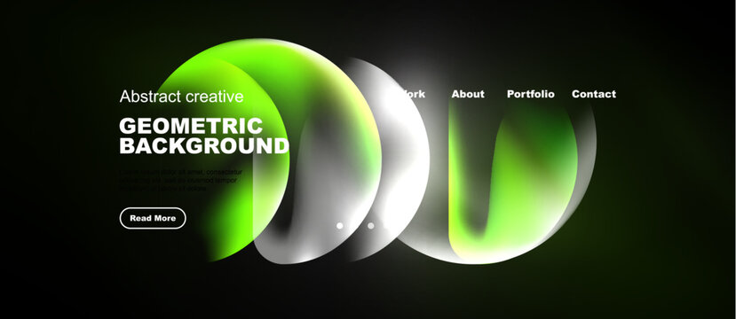 Dark website mockup features vibrant green abstract shapes. Navigation includes work, about, portfolio, contact options. Button invites further exploration.