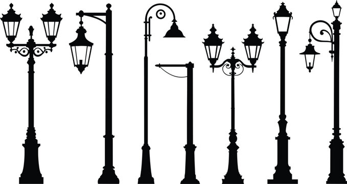 Antique european lamppost vector silhouette collection with gothic style gas lanterns for romantic park lane illustration backdrop