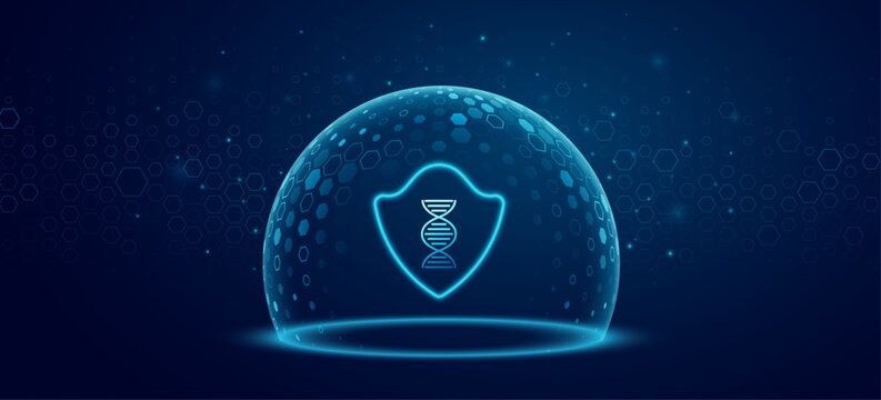 Glowing holographic protective dome shield with DNA icon and blue hexagonal pattern for healthcare tech background. Medical security and biotechnology concept. Vector illustration.