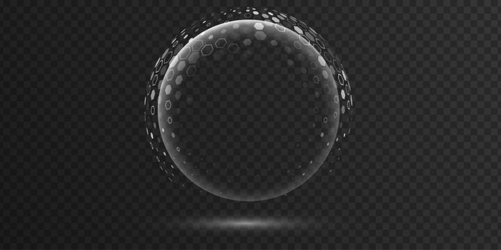 Holographic glowing sphere shield with hexagonal digital pattern and glass effect isolated on transparent background for cybersecurity or data protection. Cyber protection bubble. Vector illustration.