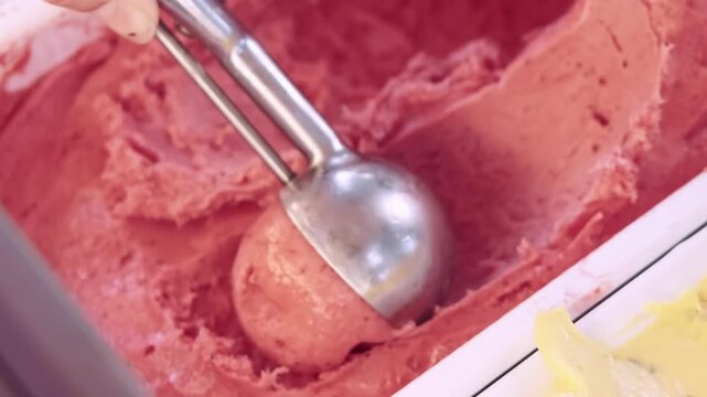 Sorbet ball. Cold sweets. Chef hand taking cooling strawberry red gelato portion with metal scoop. Refreshing ice cream with berry flavor.